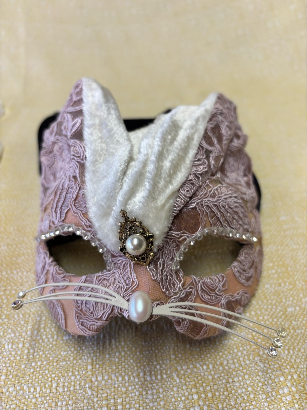 Elegant Pink Lace Cat Mask with Pearl Accents